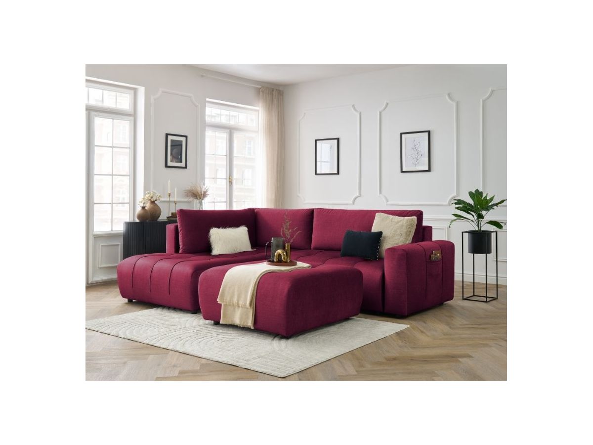 Canapé d'angle L convertible coffre ARSENE tissu velours avec pouf rouge  angle gauche BOBOCHIC 4 places