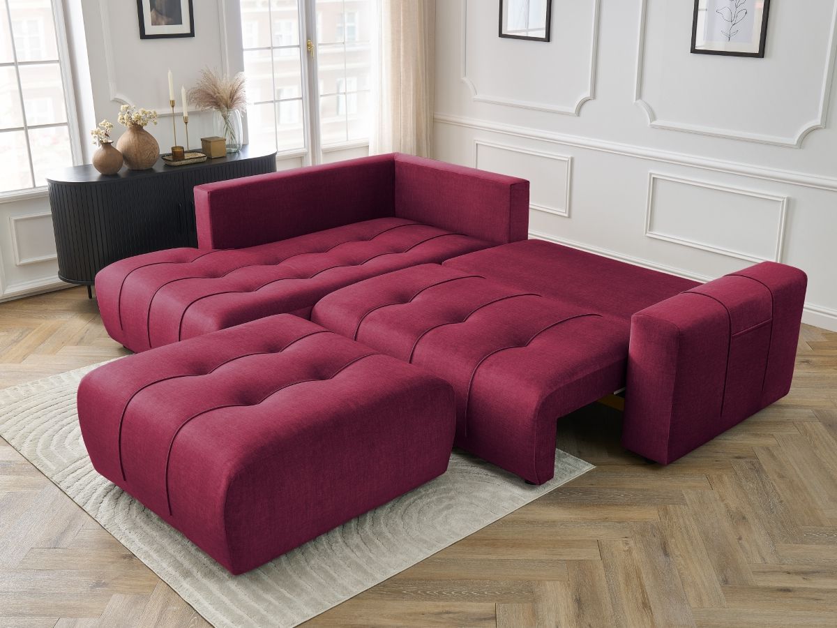 Canapé d'angle L convertible coffre ARSENE tissu velours avec pouf