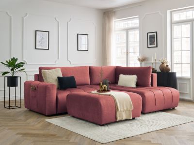 Canapé d'angle L convertible coffre ARSENE tissu velours avec pouf
