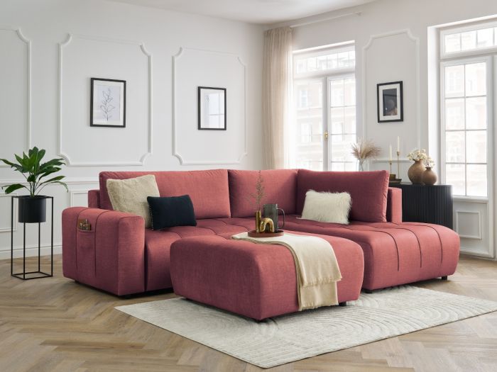 Canapé d'angle L convertible coffre ARSENE tissu velours avec pouf