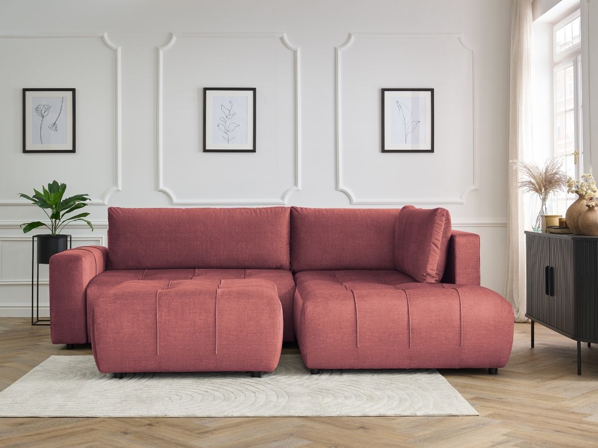 Canapé d'angle L convertible coffre ARSENE tissu velours avec pouf