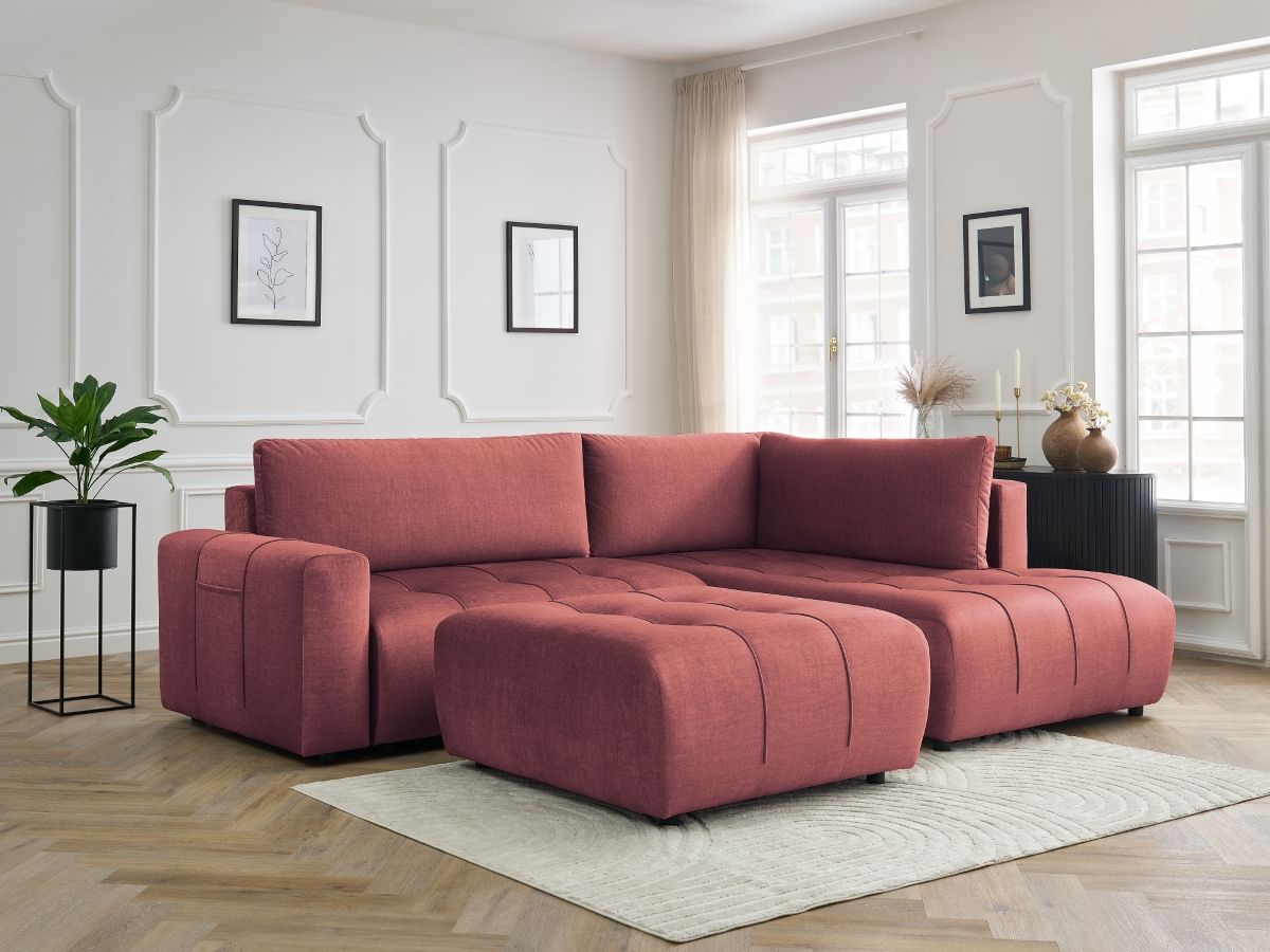 Canapé d'angle L convertible coffre ARSENE velours avec pouf orange — vue 5