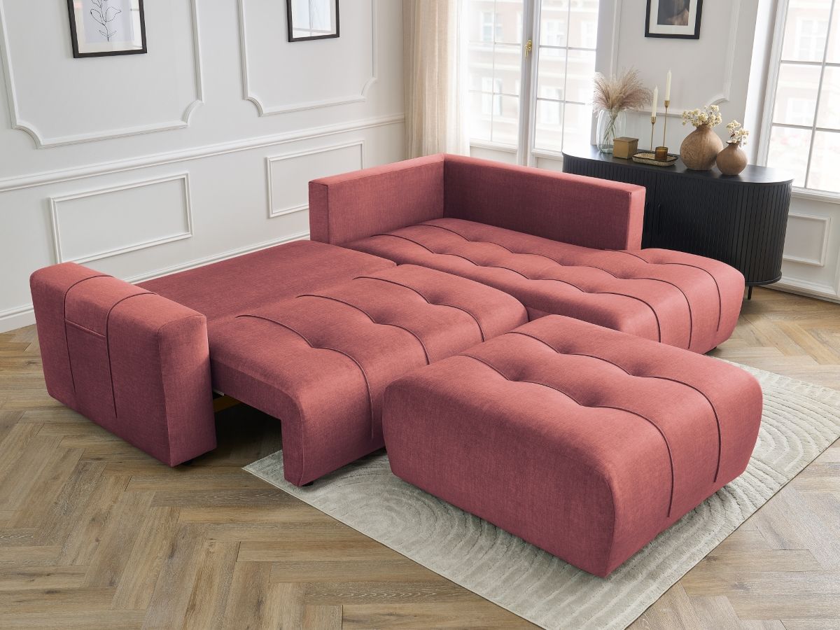 Canapé d'angle L convertible coffre ARSENE tissu velours avec pouf