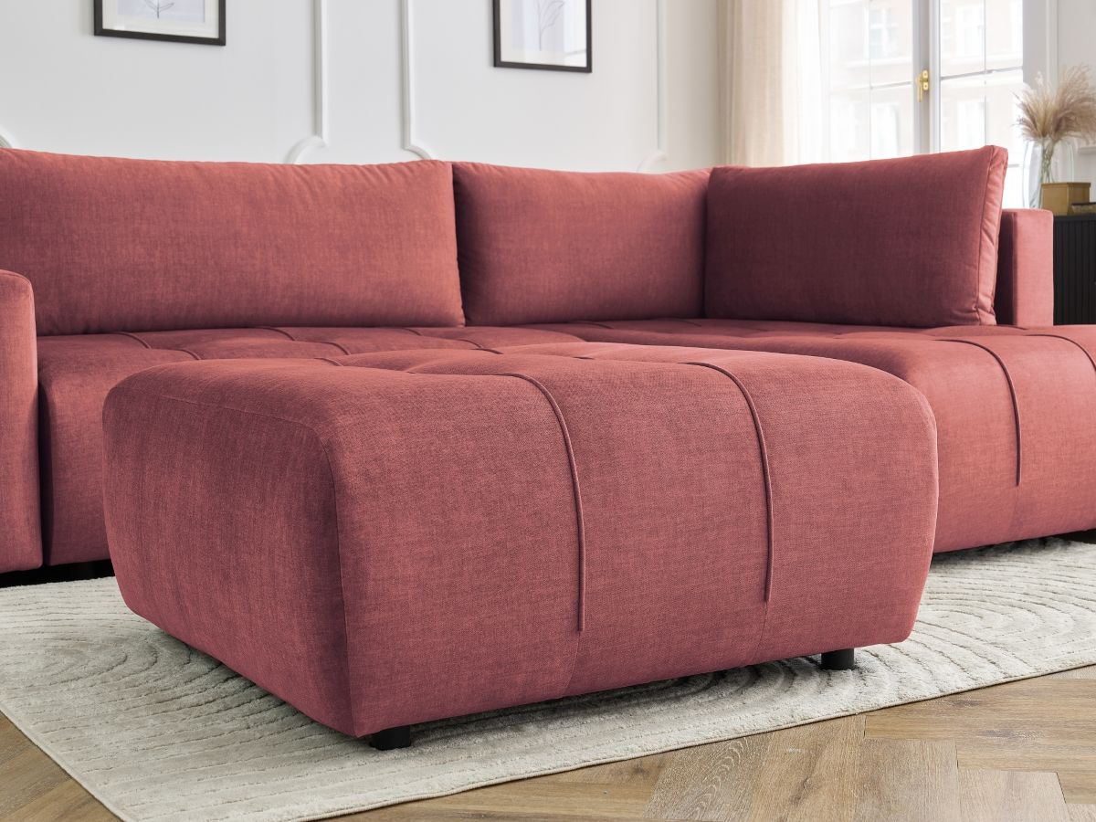 Canapé d'angle L convertible coffre ARSENE tissu velours avec pouf
