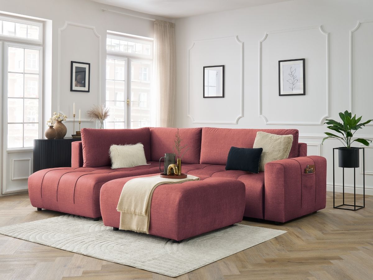 Canapé d'angle L convertible coffre ARSENE tissu velours avec pouf