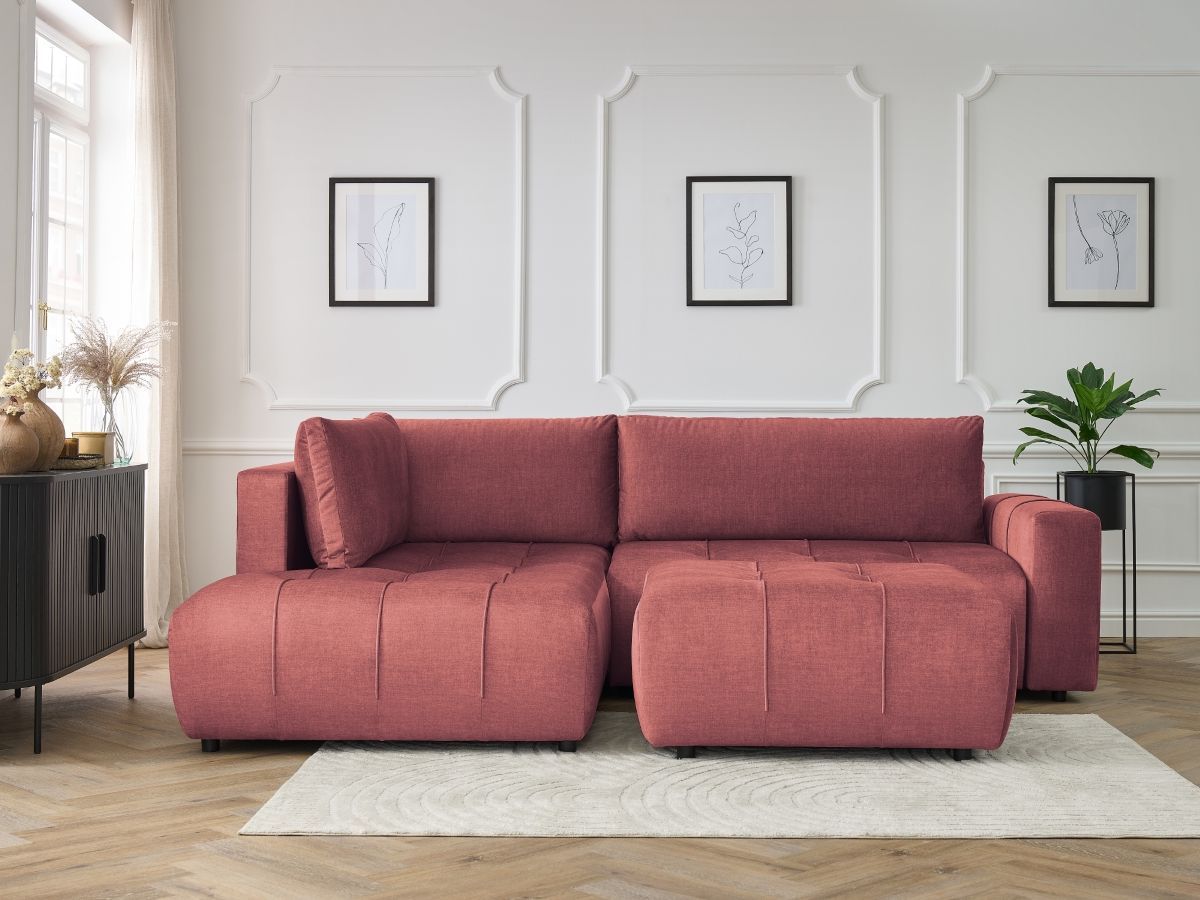 Canapé d'angle L convertible coffre ARSENE tissu velours avec pouf