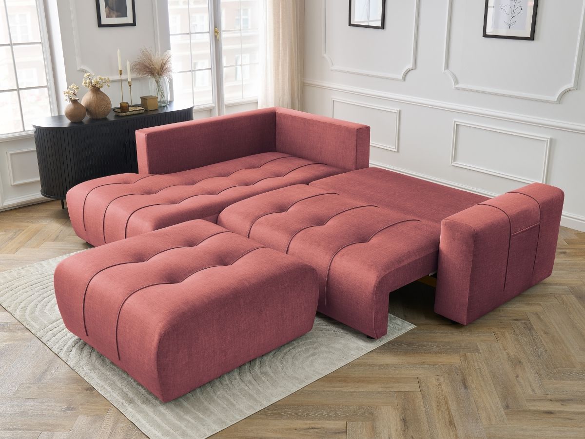 Canapé d'angle L convertible coffre ARSENE tissu velours avec pouf
