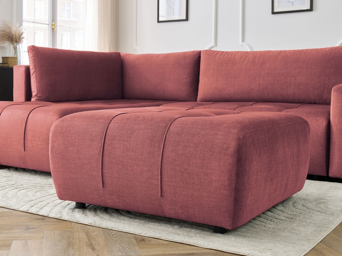 Canapé d'angle L convertible coffre ARSENE tissu velours avec pouf