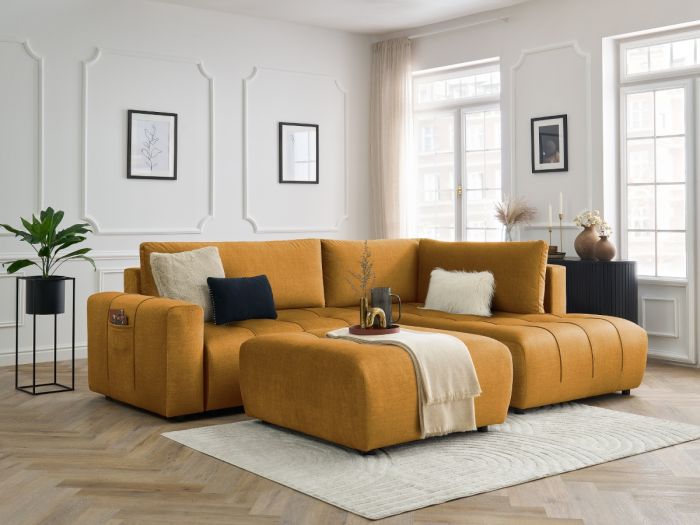 Canapé d'angle L convertible coffre ARSENE tissu velours avec pouf