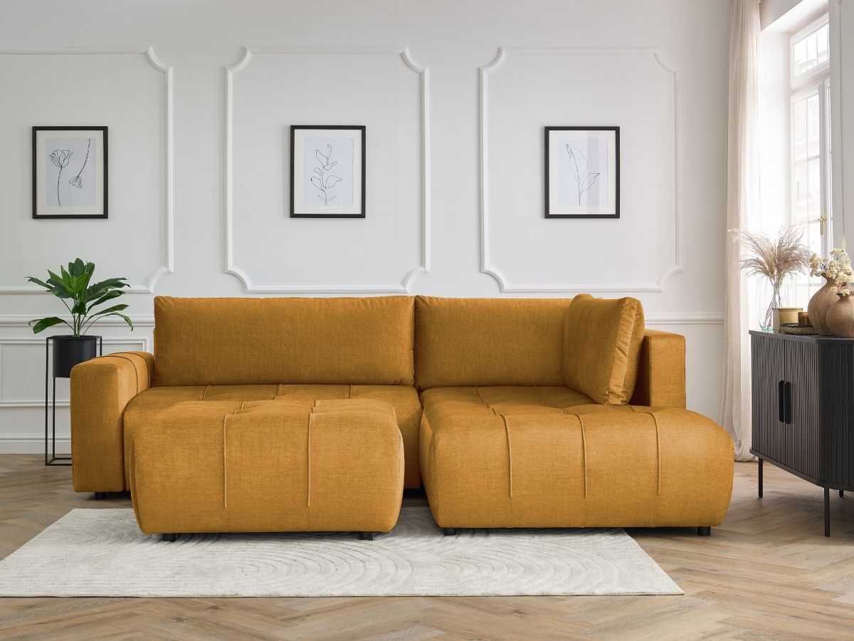 Canapé d'angle L convertible coffre ARSENE tissu velours avec pouf