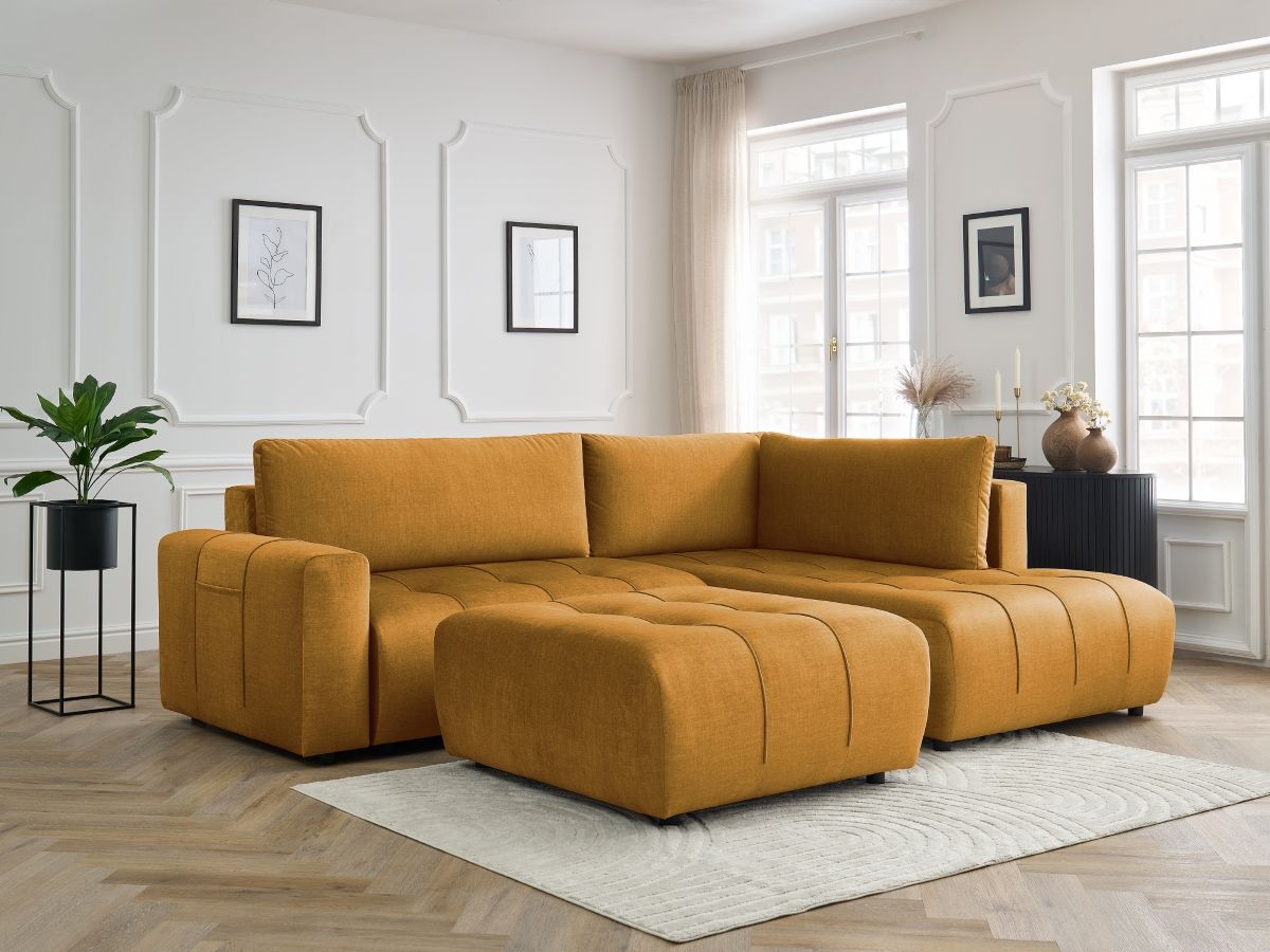 Canapé d'angle L convertible coffre ARSENE velours avec pouf jaune — vue 5