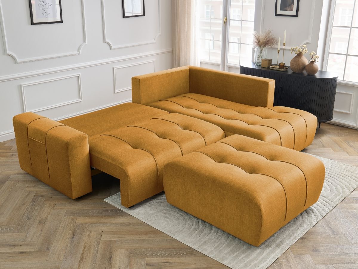 Canapé d'angle L convertible coffre ARSENE tissu velours avec pouf