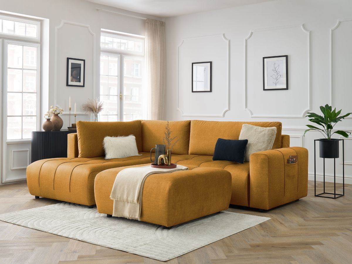 Canapé d'angle L convertible coffre ARSENE tissu velours avec pouf