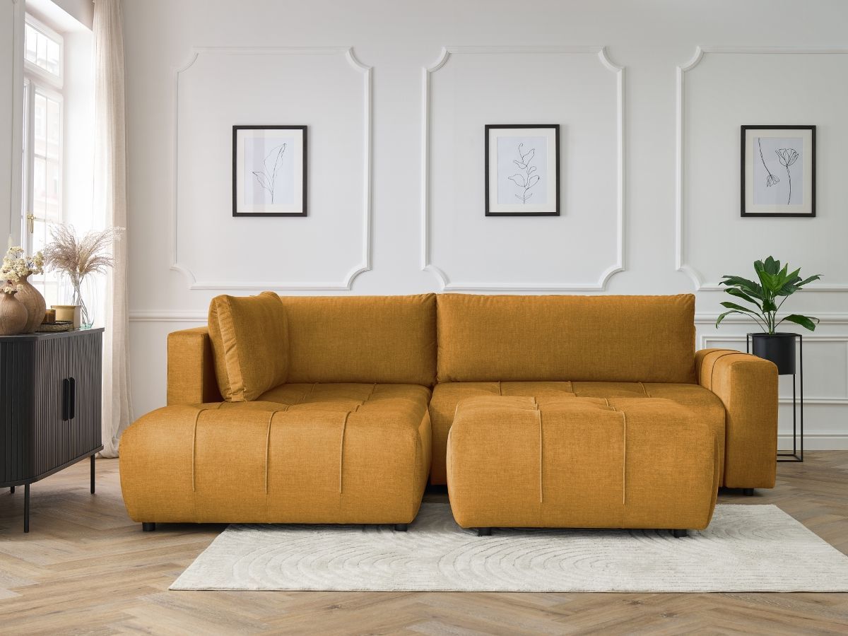 Canapé d'angle L convertible coffre ARSENE tissu velours avec pouf