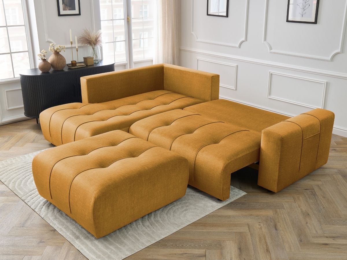 Canapé d'angle L convertible coffre ARSENE tissu velours avec pouf