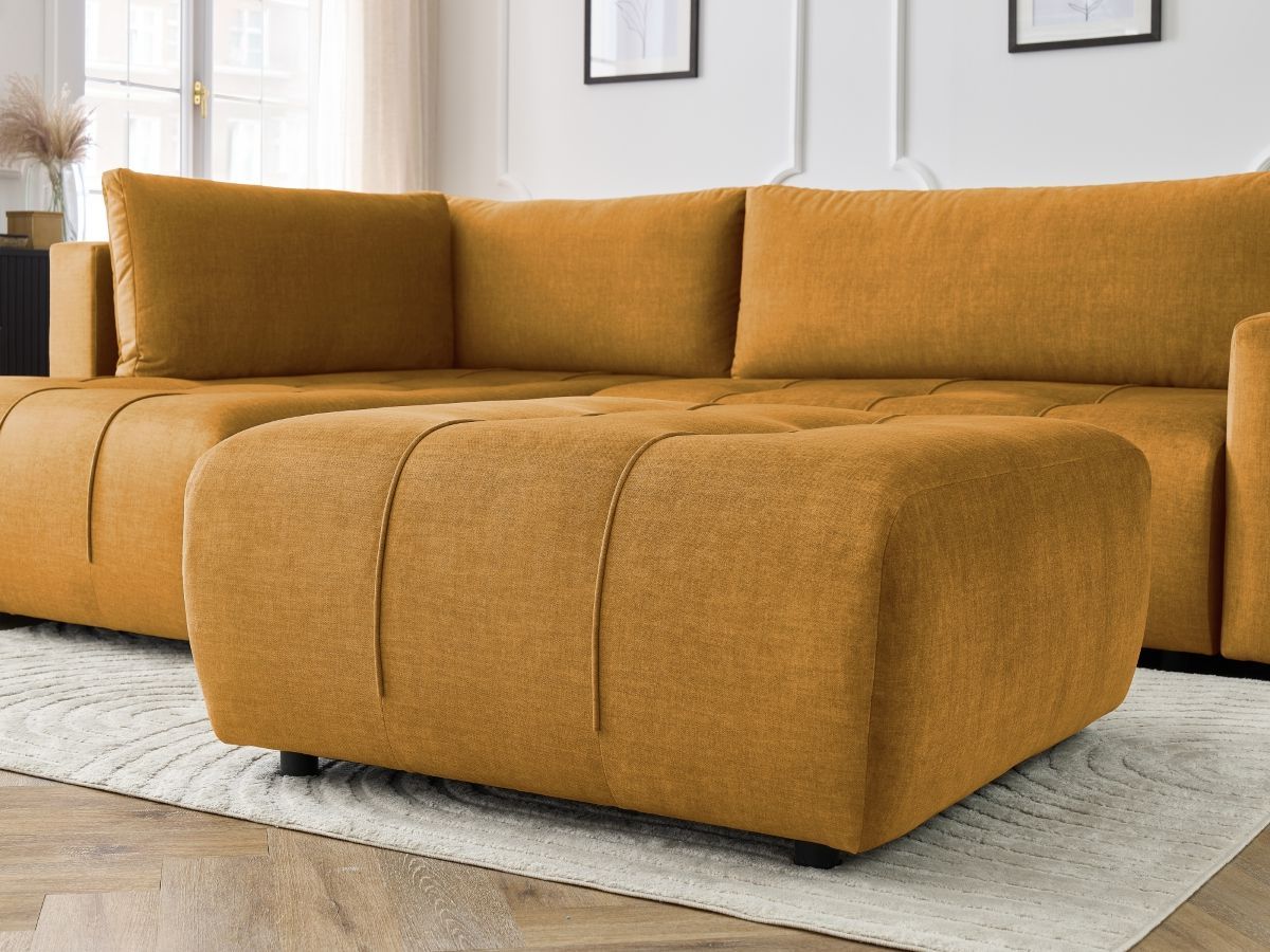 Canapé d'angle L convertible coffre ARSENE tissu velours avec pouf