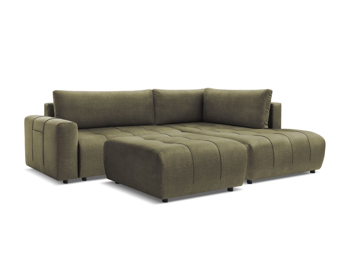 Canapé d'angle L convertible coffre ARSENE tissu velours avec pouf