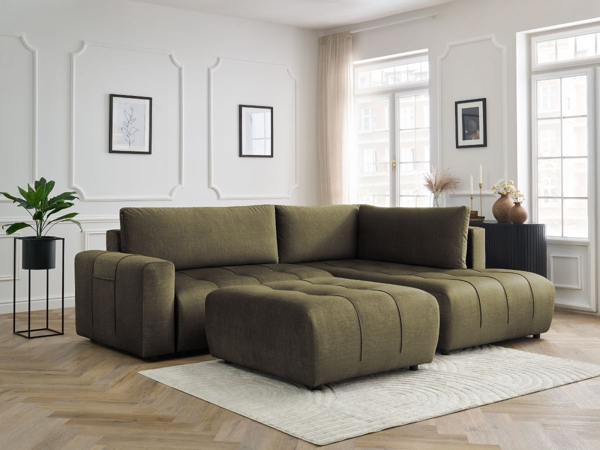 Canapé d'angle L convertible coffre ARSENE velours avec pouf vert — vue 5