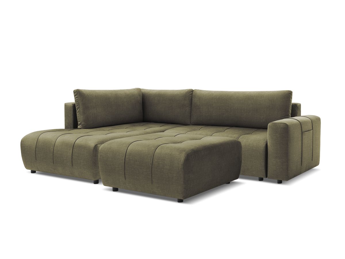 Canapé d'angle L convertible coffre ARSENE tissu velours avec pouf