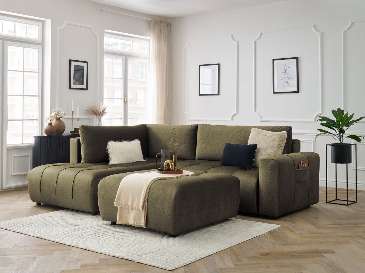 Canapé d'angle L convertible coffre ARSENE tissu velours avec pouf