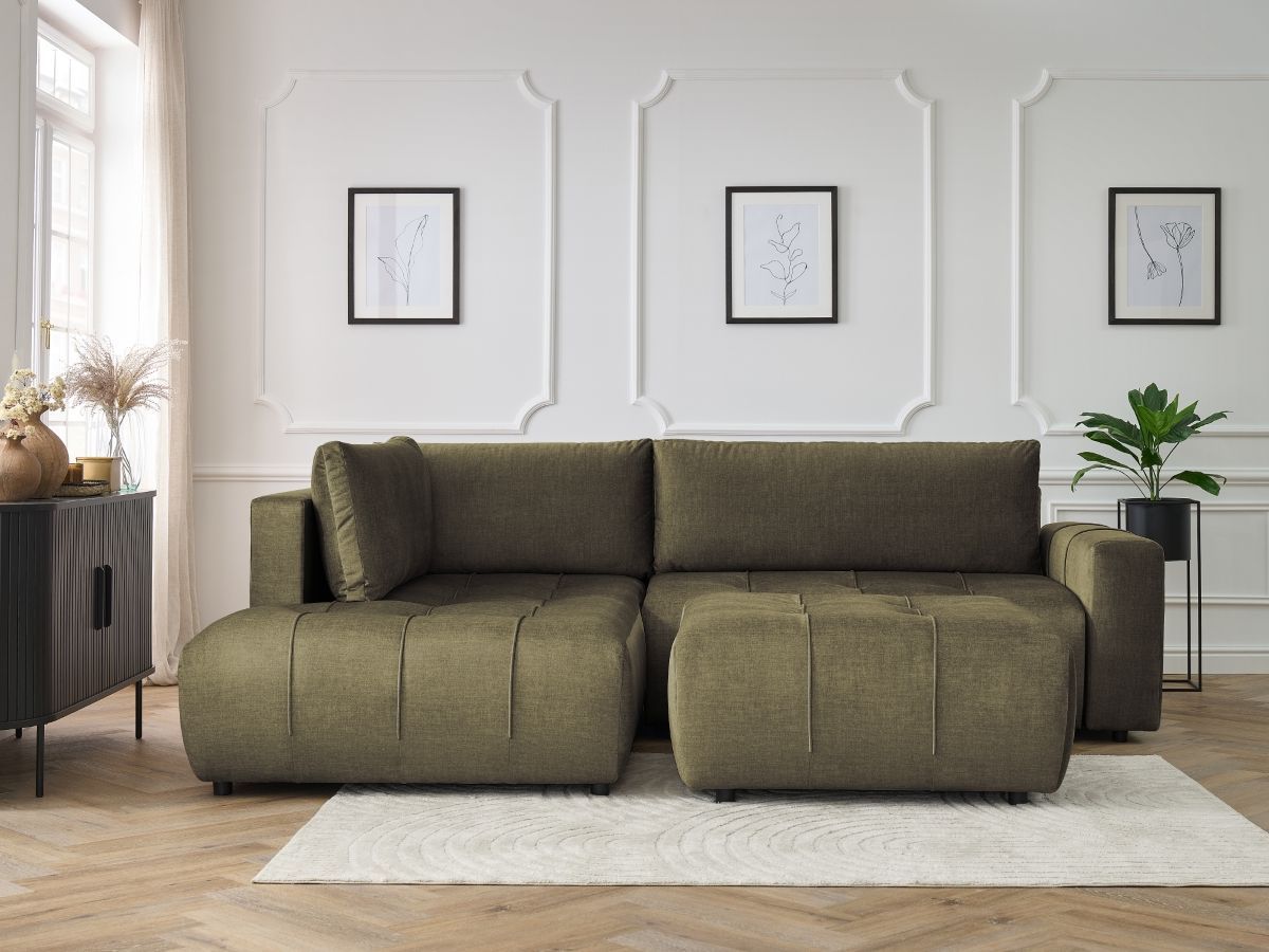 Canapé d'angle L convertible coffre ARSENE tissu velours avec pouf