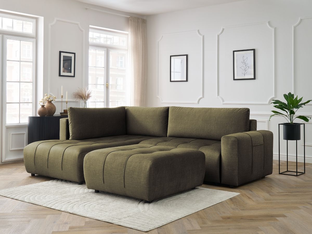 Canapé d'angle L convertible coffre ARSENE tissu velours avec pouf vert angle gauche BOBOCHIC 4 places - Vue supplémentaire 3
