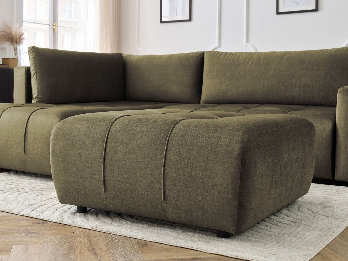 Canapé d'angle L convertible coffre ARSENE tissu velours avec pouf