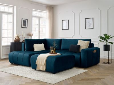Canapé d'angle L convertible coffre ARSENE tissu velours avec pouf