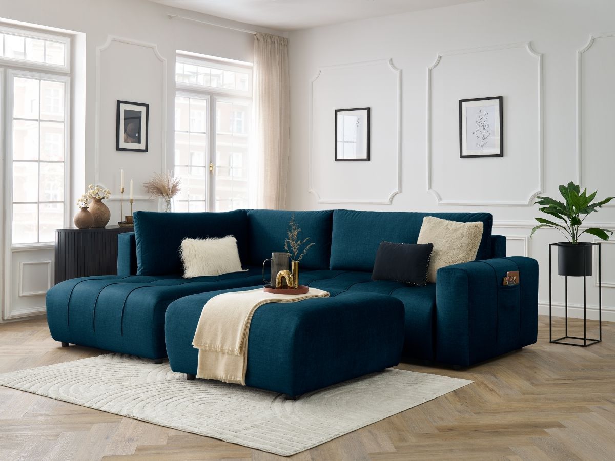 Canapé d'angle L convertible coffre ARSENE tissu velours avec pouf