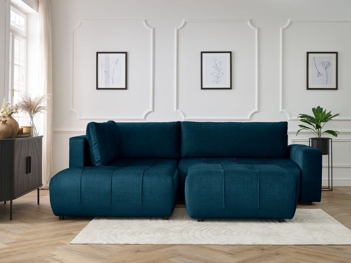 Canapé d'angle L convertible coffre ARSENE tissu velours avec pouf