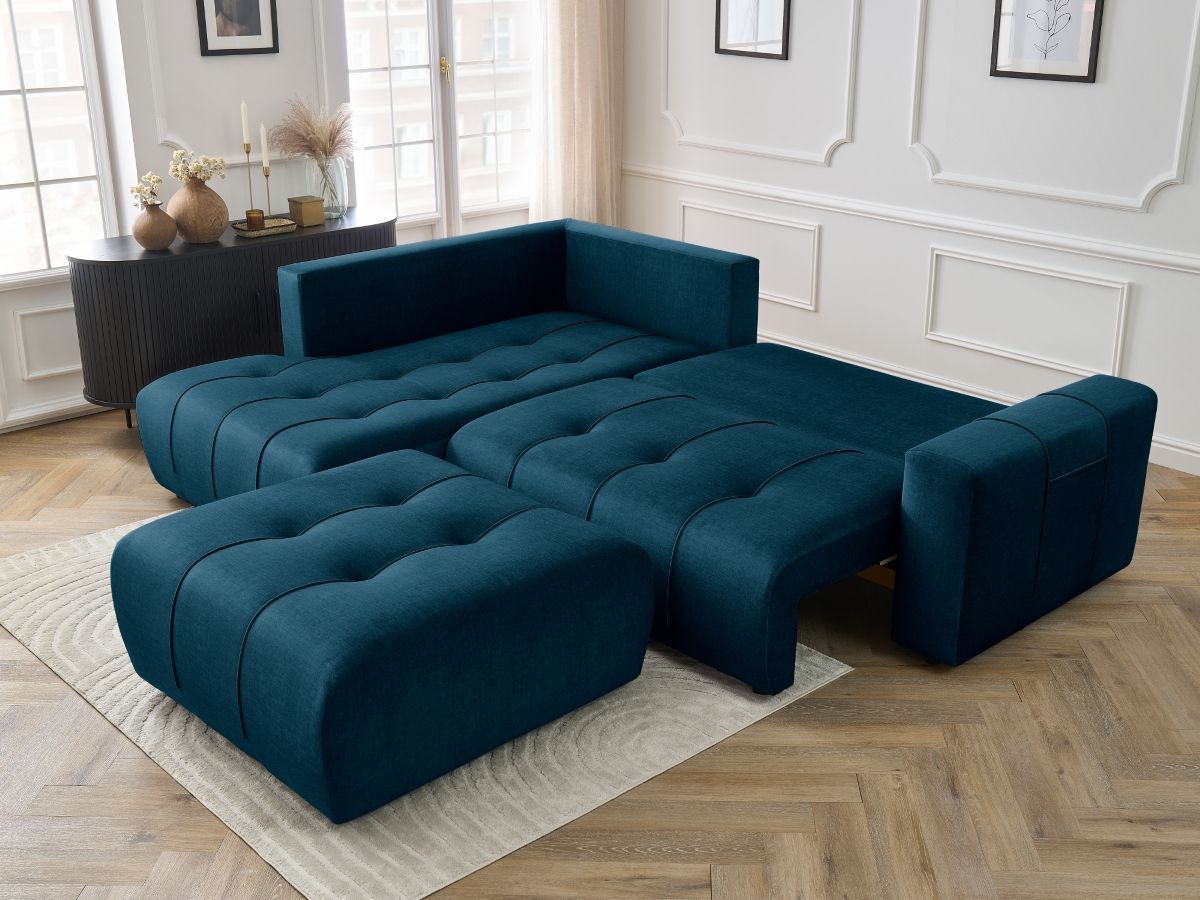 Canapé d'angle L convertible coffre ARSENE tissu velours avec pouf