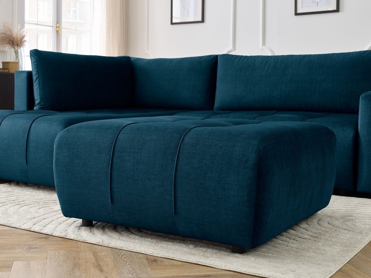 Canapé d'angle L convertible coffre ARSENE tissu velours avec pouf