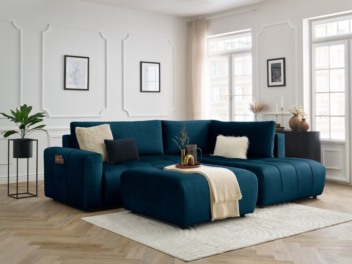Canapé d'angle L convertible coffre ARSENE tissu velours avec pouf
