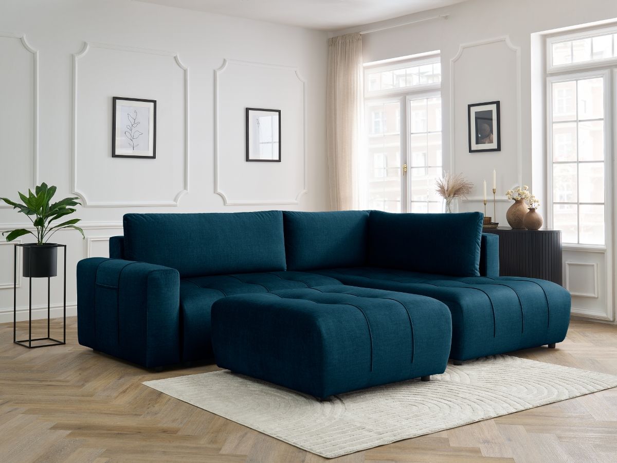 Canapé d'angle L convertible coffre ARSENE tissu velours avec pouf bleu angle droit BOBOCHIC 4 places - Vue supplémentaire 3