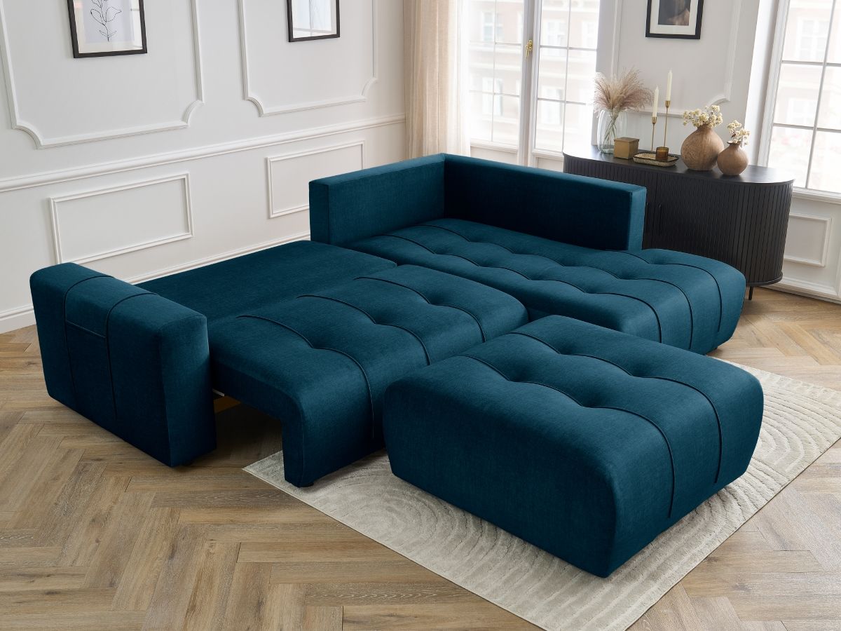 Canapé d'angle L convertible coffre ARSENE tissu velours avec pouf