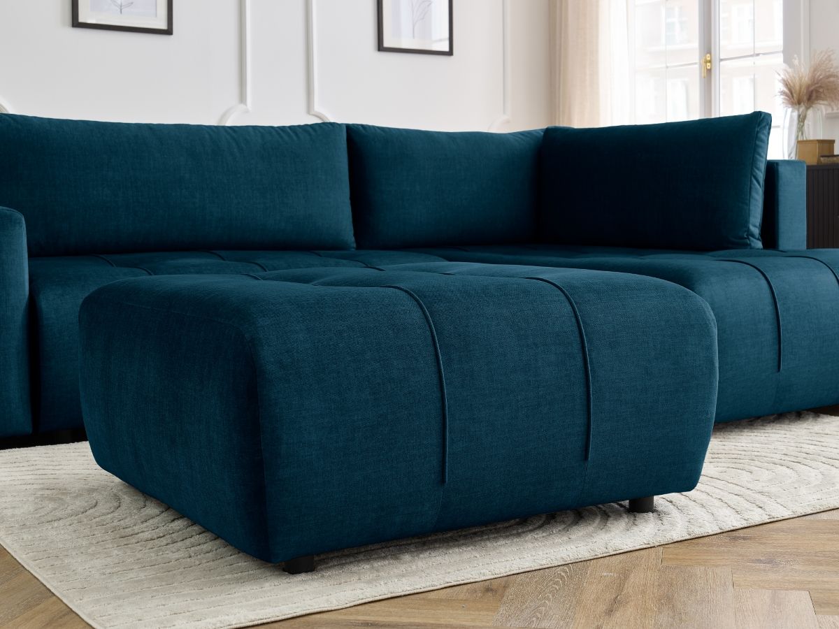 Canapé d'angle L convertible coffre ARSENE tissu velours avec pouf