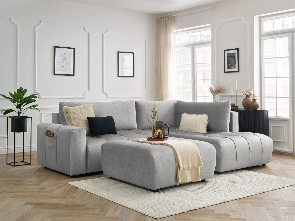 Canapé d'angle L convertible coffre ARSENE tissu velours avec pouf