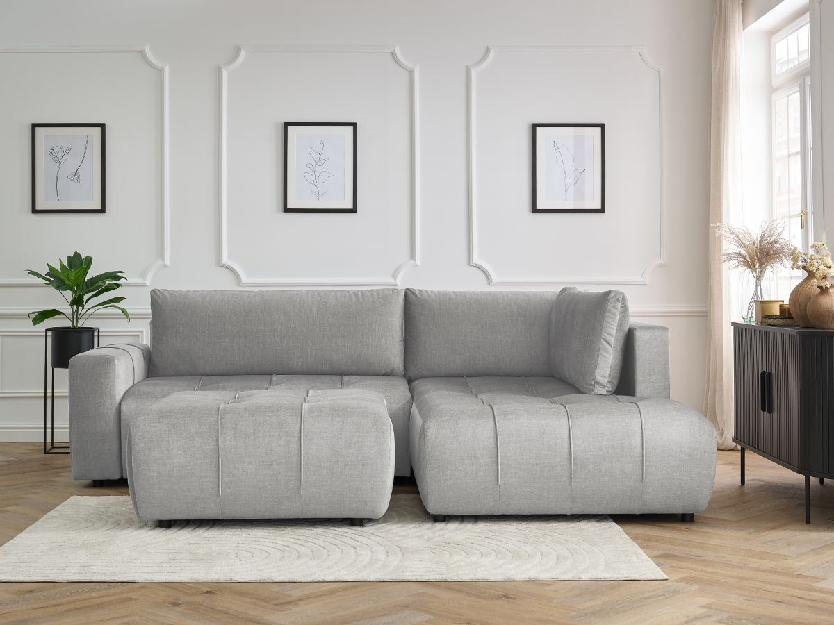 Canapé d'angle L convertible coffre ARSENE tissu velours avec pouf