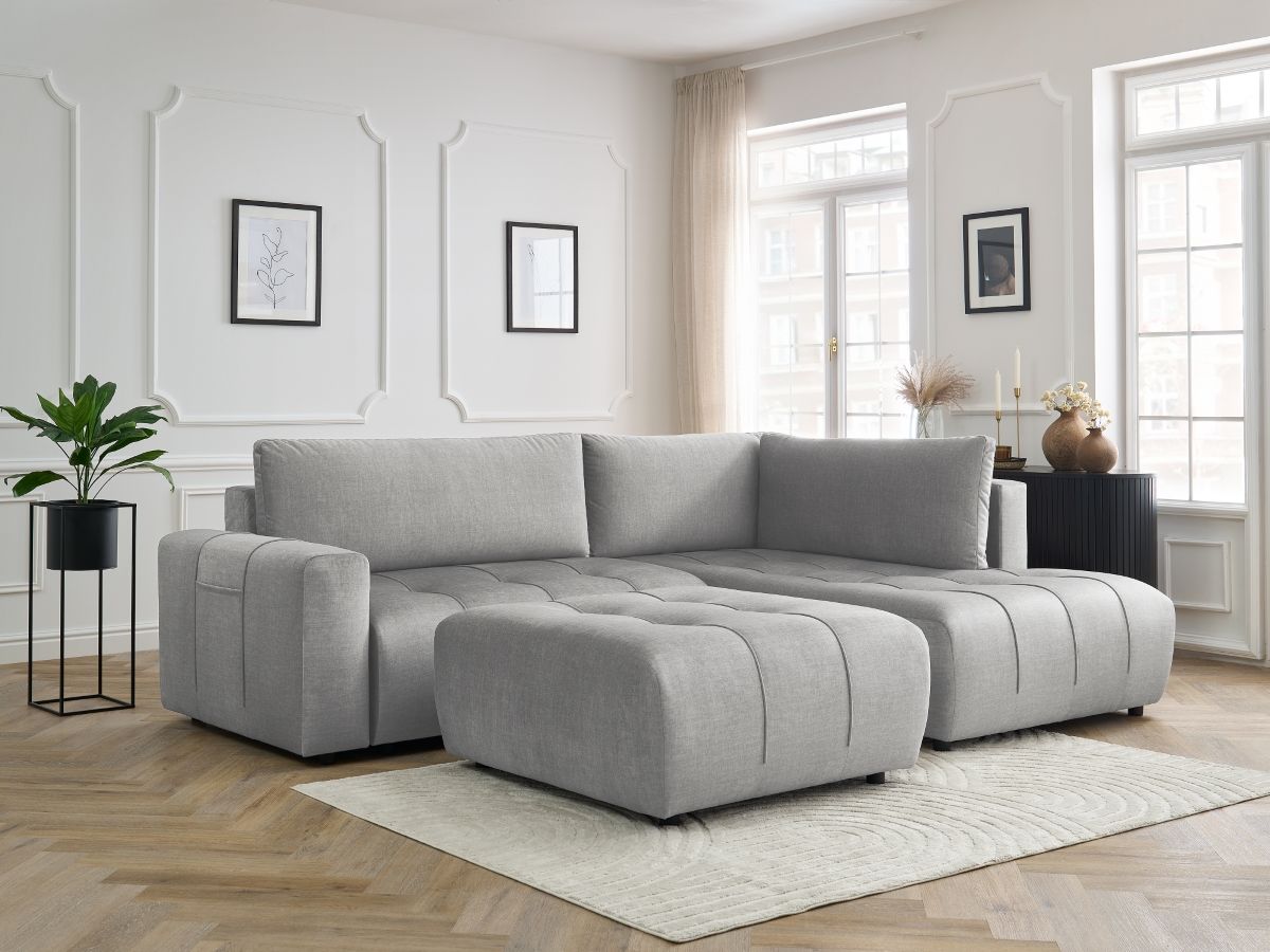 Canapé d'angle L convertible coffre ARSENE velours avec pouf gris clair — vue 5