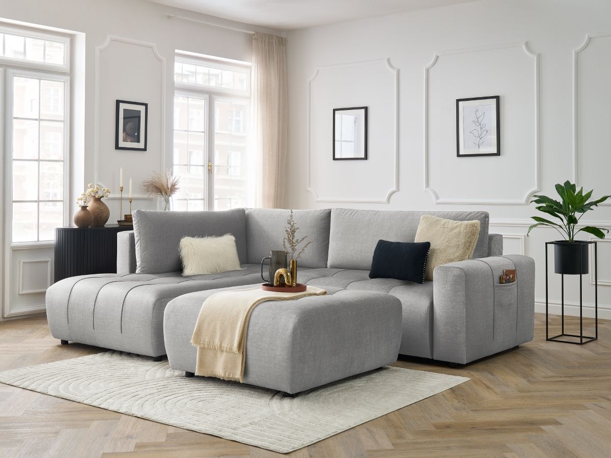 Canapé d'angle L convertible coffre ARSENE tissu velours avec pouf