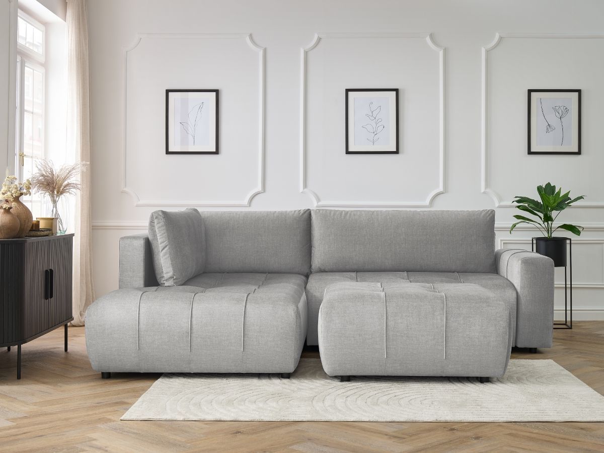 Canapé d'angle L convertible coffre ARSENE tissu velours avec pouf