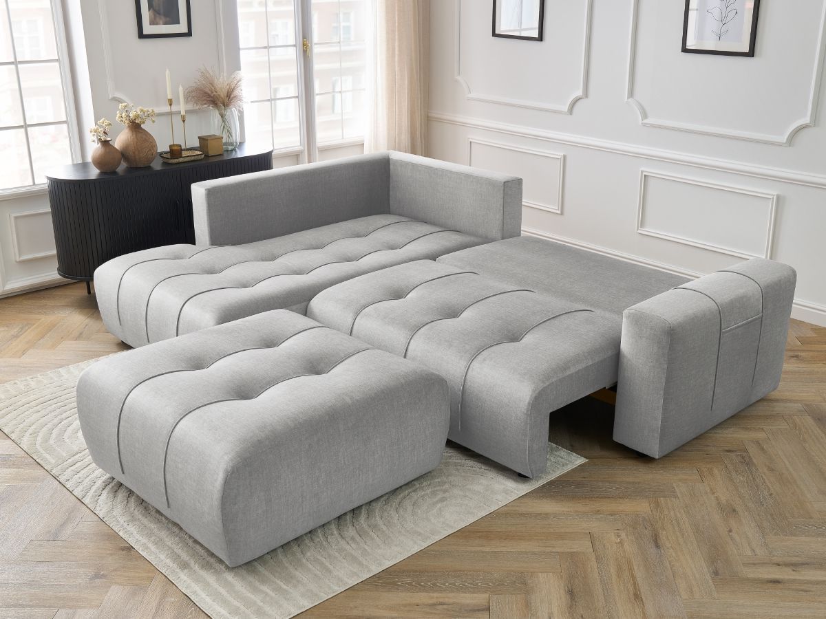 Canapé d'angle L convertible coffre ARSENE tissu velours avec pouf