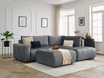 Canapé d'angle L convertible coffre ARSENE tissu velours avec pouf