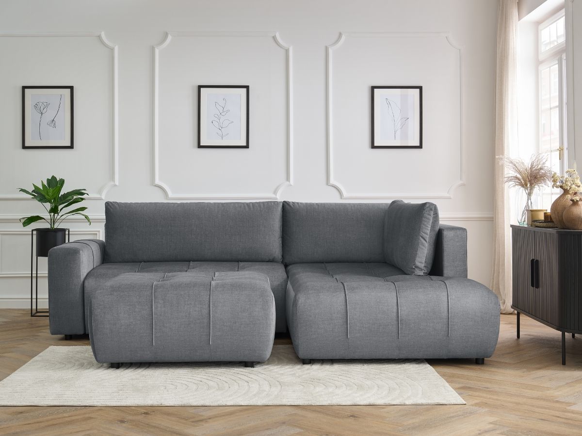 Canapé d'angle L convertible coffre ARSENE tissu velours avec pouf