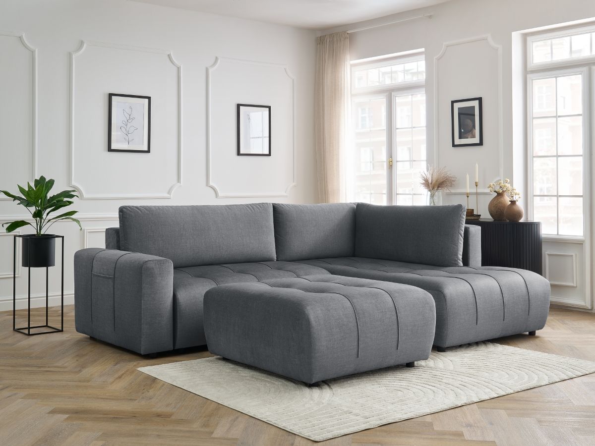 Canapé d'angle L convertible coffre ARSENE velours avec pouf gris foncé — vue 5