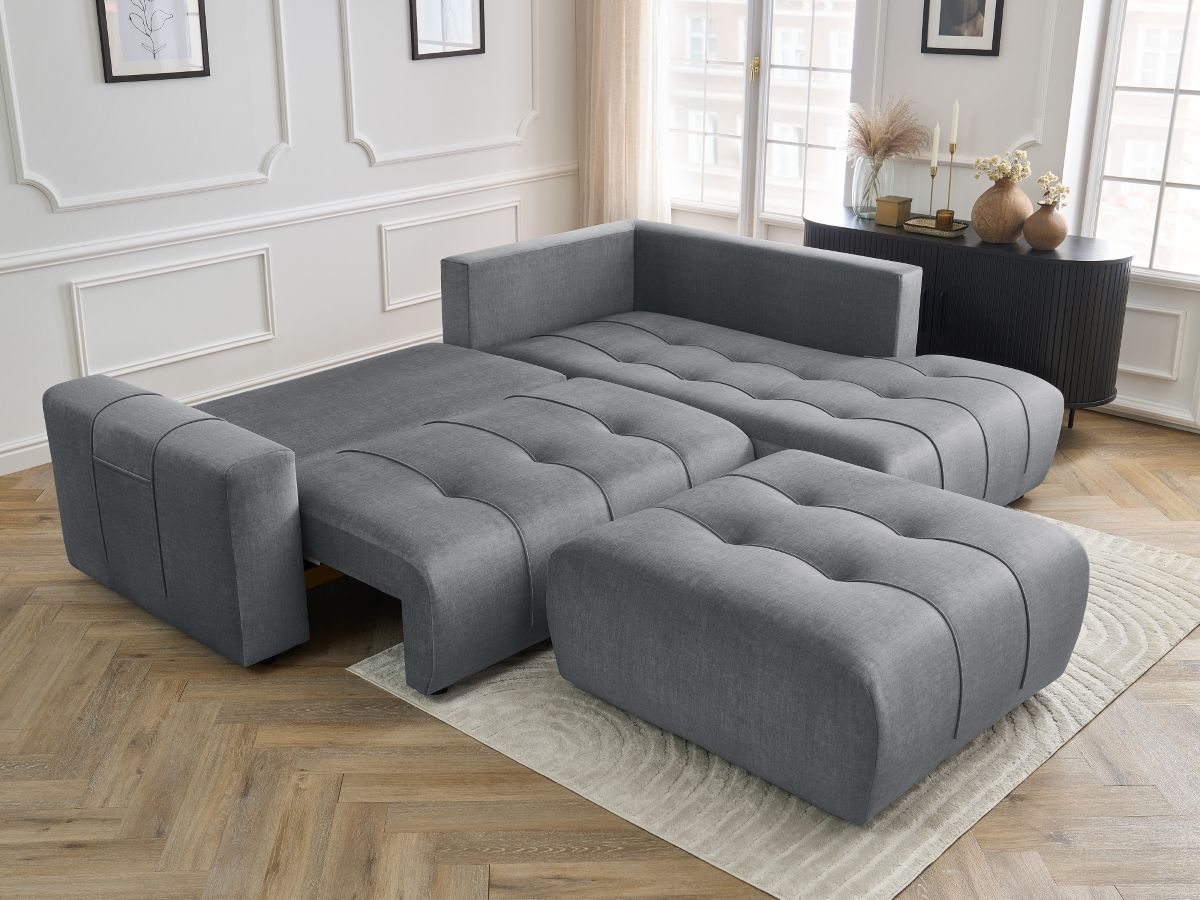 Canapé d'angle L convertible coffre ARSENE tissu velours avec pouf