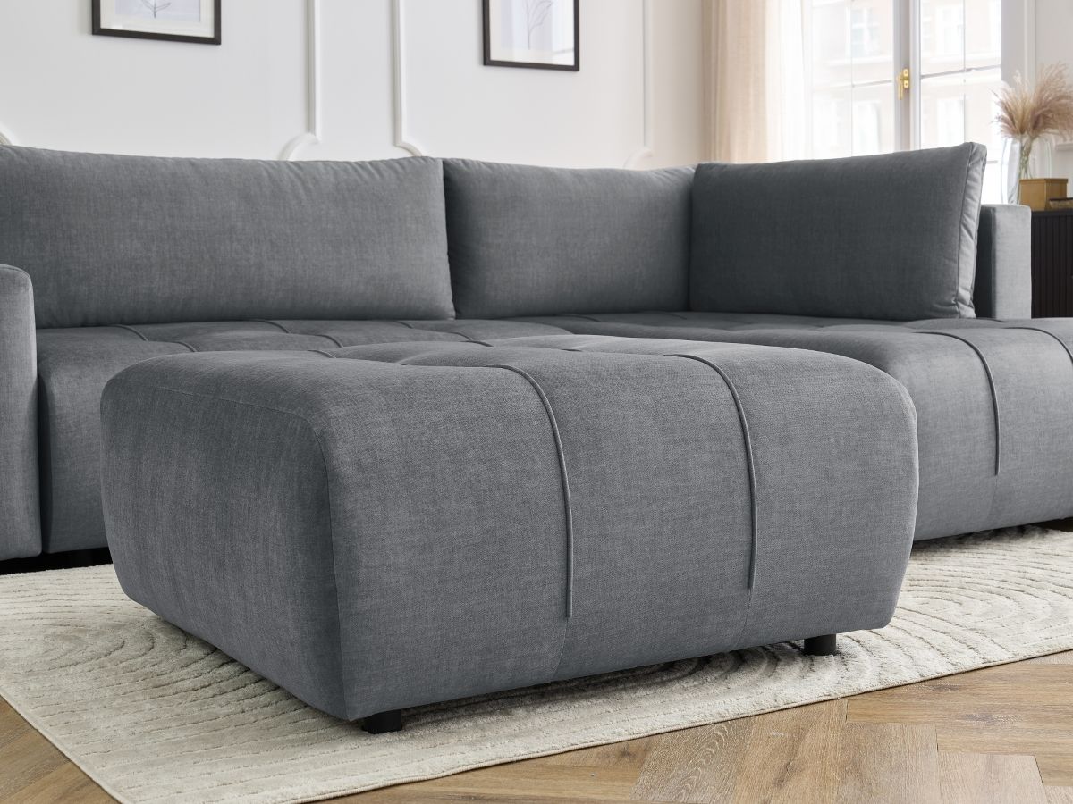 Canapé d'angle L convertible coffre ARSENE tissu velours avec pouf