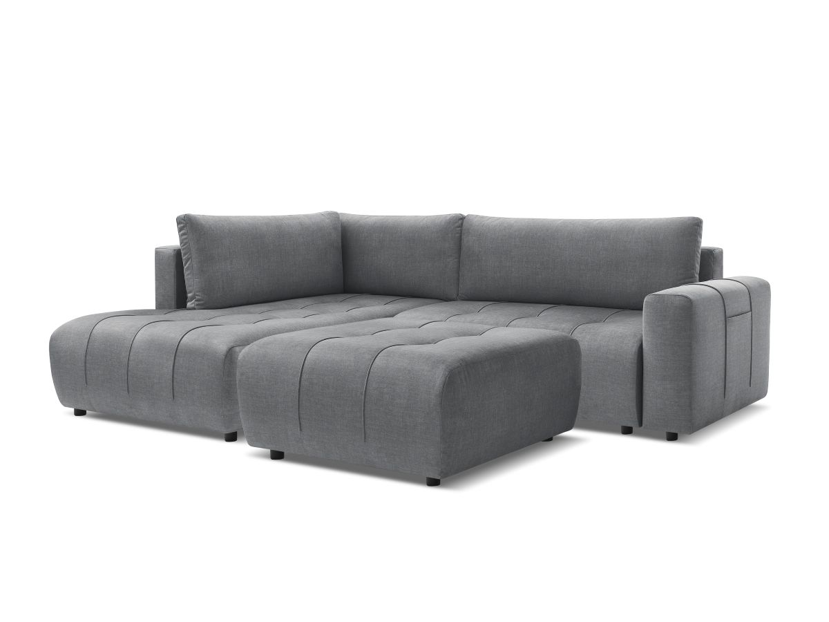 Canapé d'angle L convertible coffre ARSENE tissu velours avec pouf