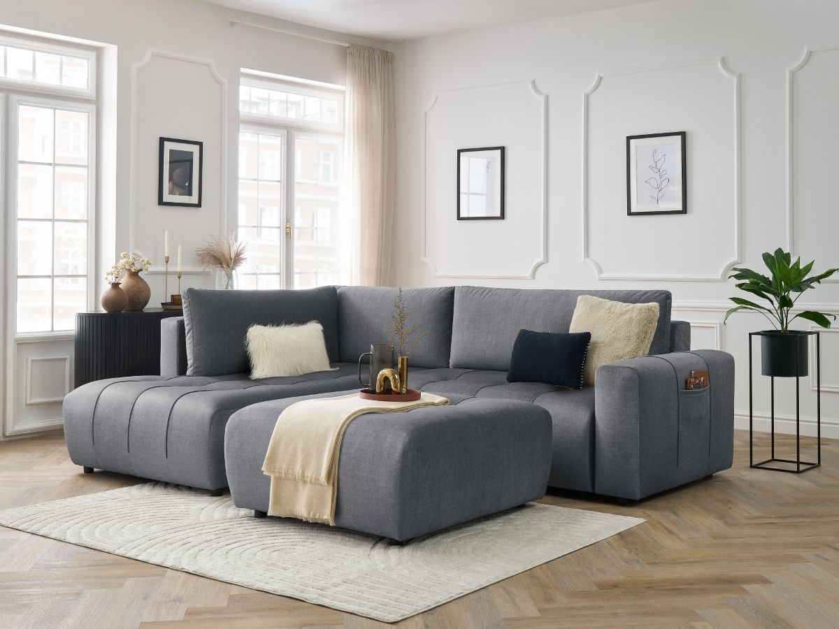 Canapé d'angle L convertible coffre ARSENE tissu velours avec pouf