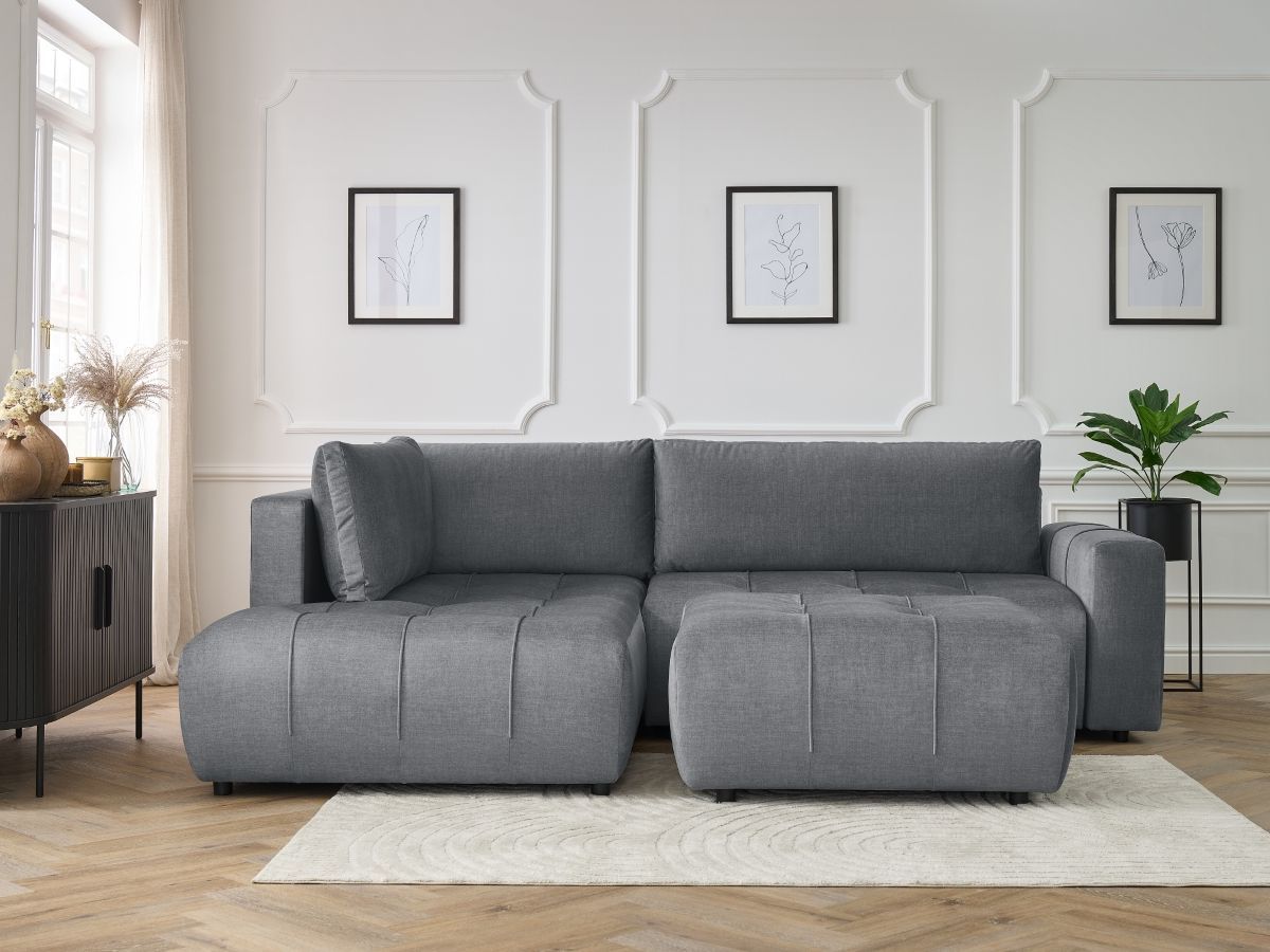 Canapé d'angle L convertible coffre ARSENE tissu velours avec pouf